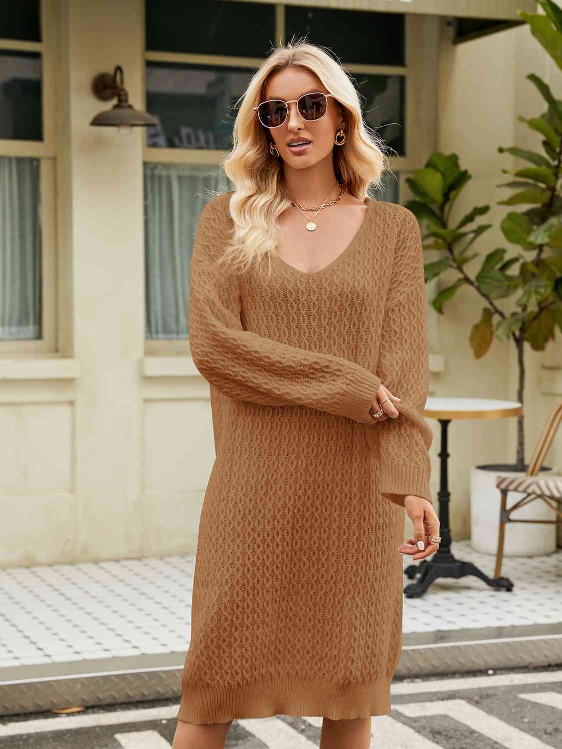 CozyWonders V-Neck Long Sleeve Sweater Dress