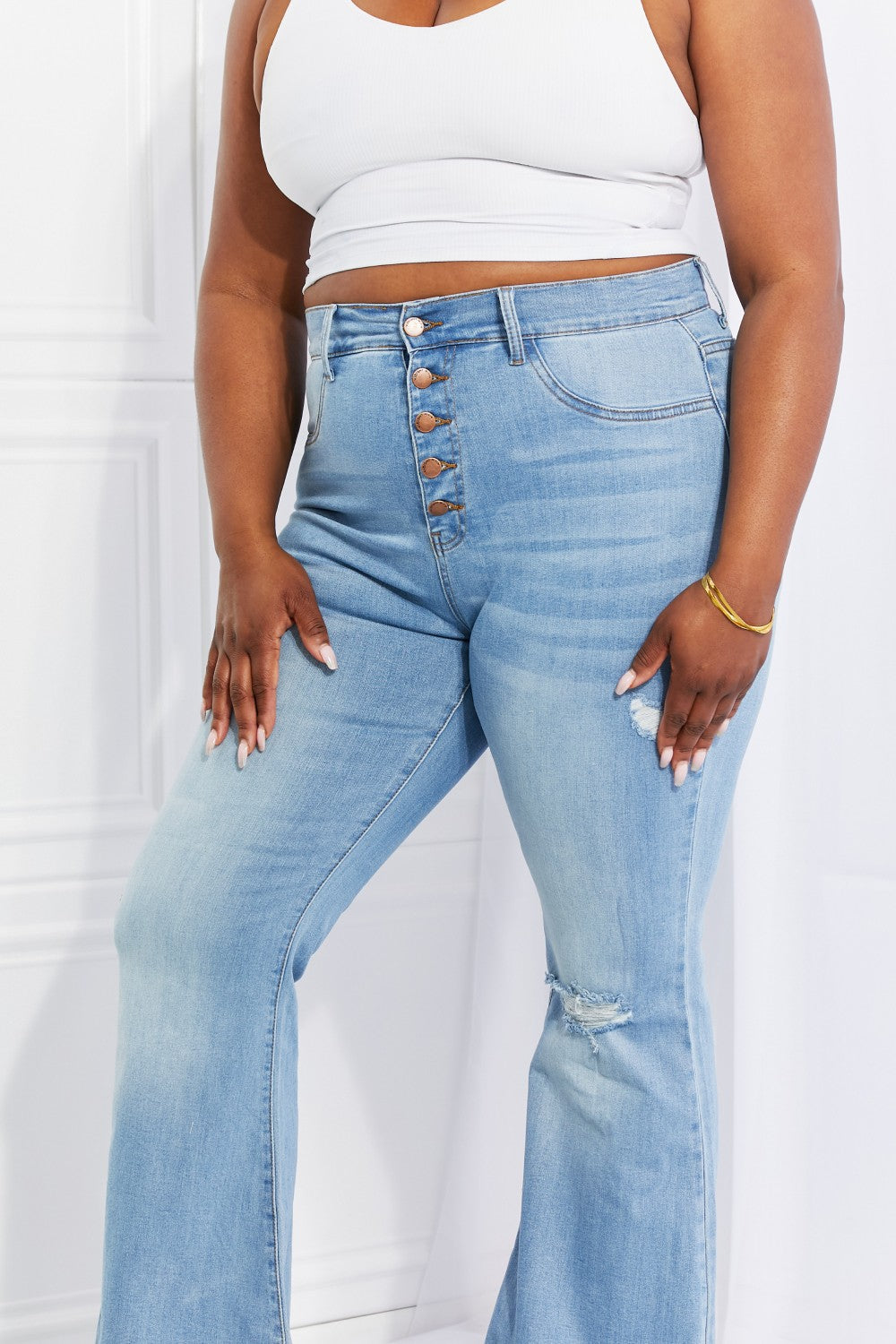 Vibrant MIU Full Size Jess Button Flare Jeans *