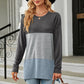 Full Size Color Block Round Neck Long Sleeve Slit T-Shirt