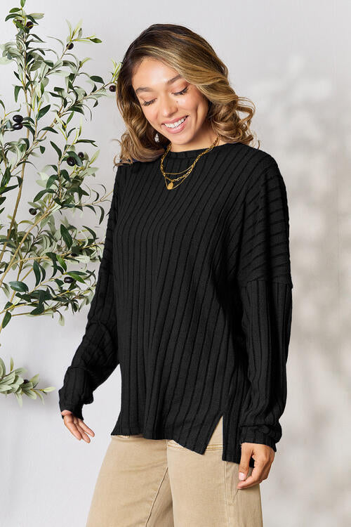 Basic Bae Full Size Ribbed Round Neck Slit Long Sleeve T-Shirt *