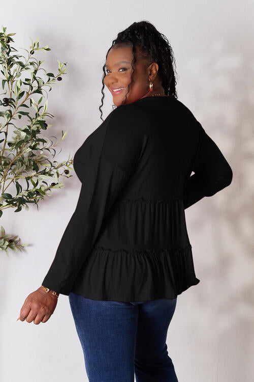 Double Take Half Button Long Sleeve Ruffle Hem Blouse *