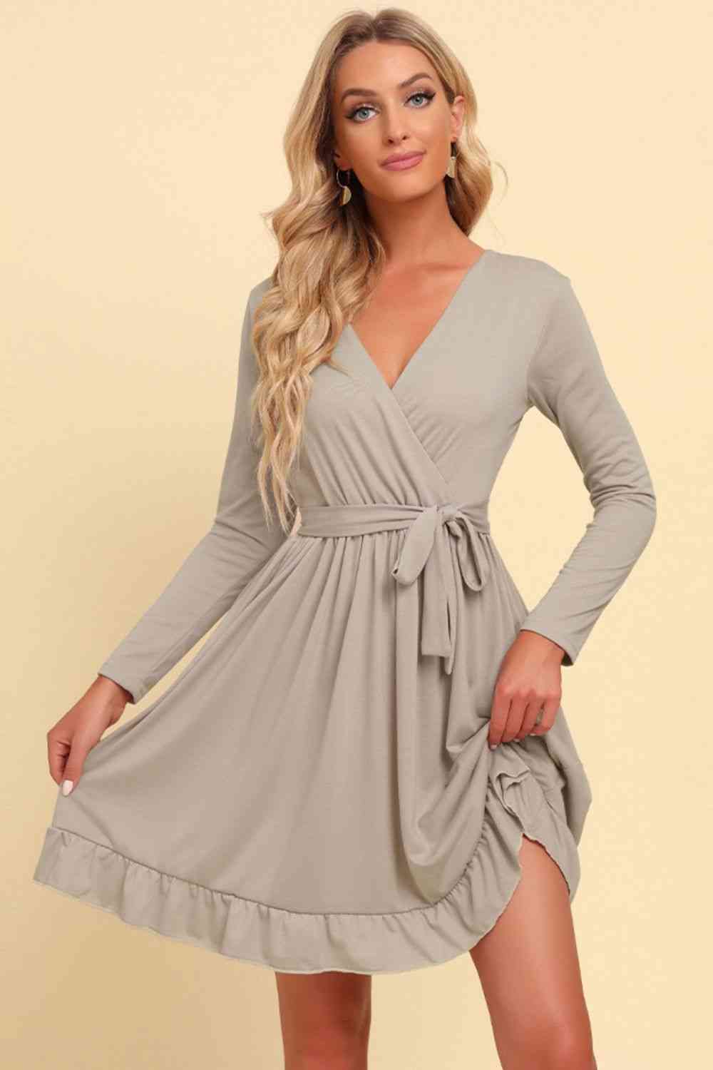 FULL SIZE Long Sleeve Tie Waist Ruffle Hem Dress