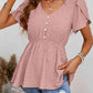Swiss Dot Buttoned Petal Sleeve Peplum Blouse