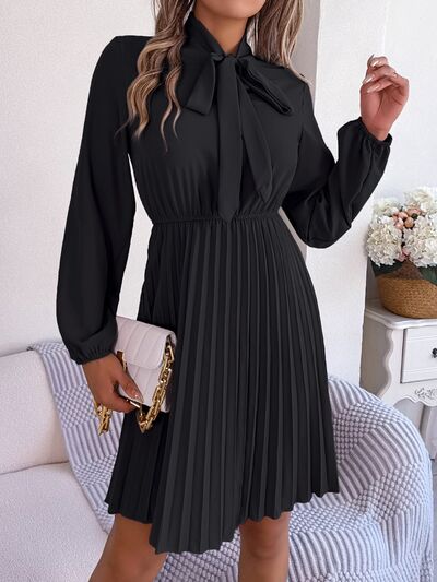 Women's Obsessed Tie Neck Balloon Sleeve Pleated Dress