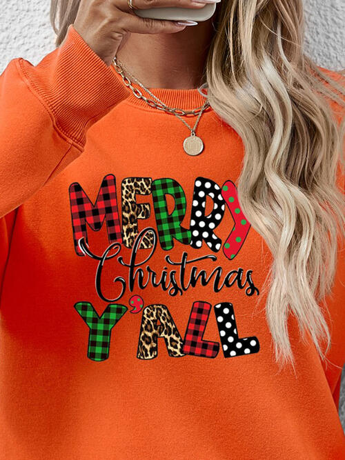 Merry Christmas Ya'll Letter Graphic Round Neck Long Sleeve Sweatshirt