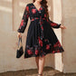 Plus Size Black Floral Surplice Neck Tie Waist Dress