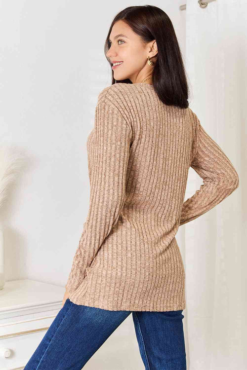 Double Take Notched Neck Ribbed Long Sleeve T-Shirt *
