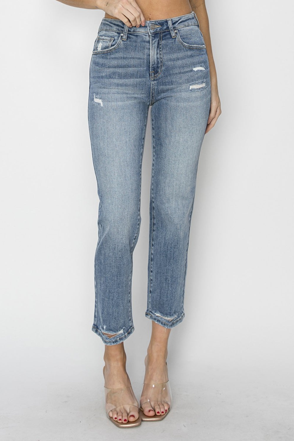 RISEN Full Size High Waist Distressed Cropped Jeans *
