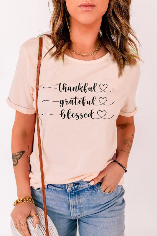 Full Size THANKFUL GRATEFUL BLESSED Graphic Round Neck Pink Tee