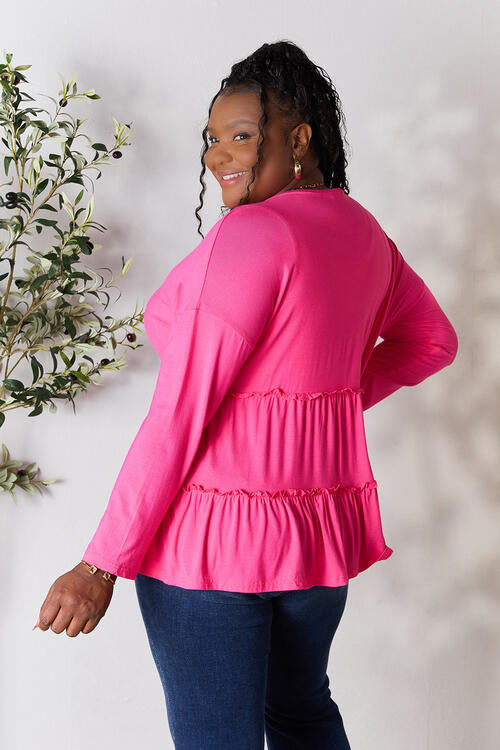 Double Take Half Button Long Sleeve Ruffle Hem Blouse *