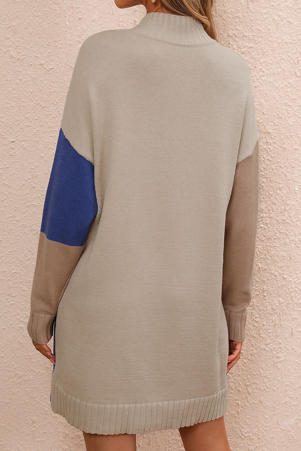 TrendSetEE Color Block Mock Neck Dropped Shoulder Sweater Dress