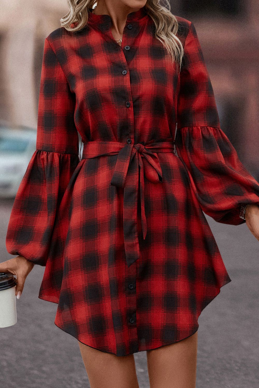 TrendiBee Plaid Tie Waist Balloon Sleeve Mini Dress