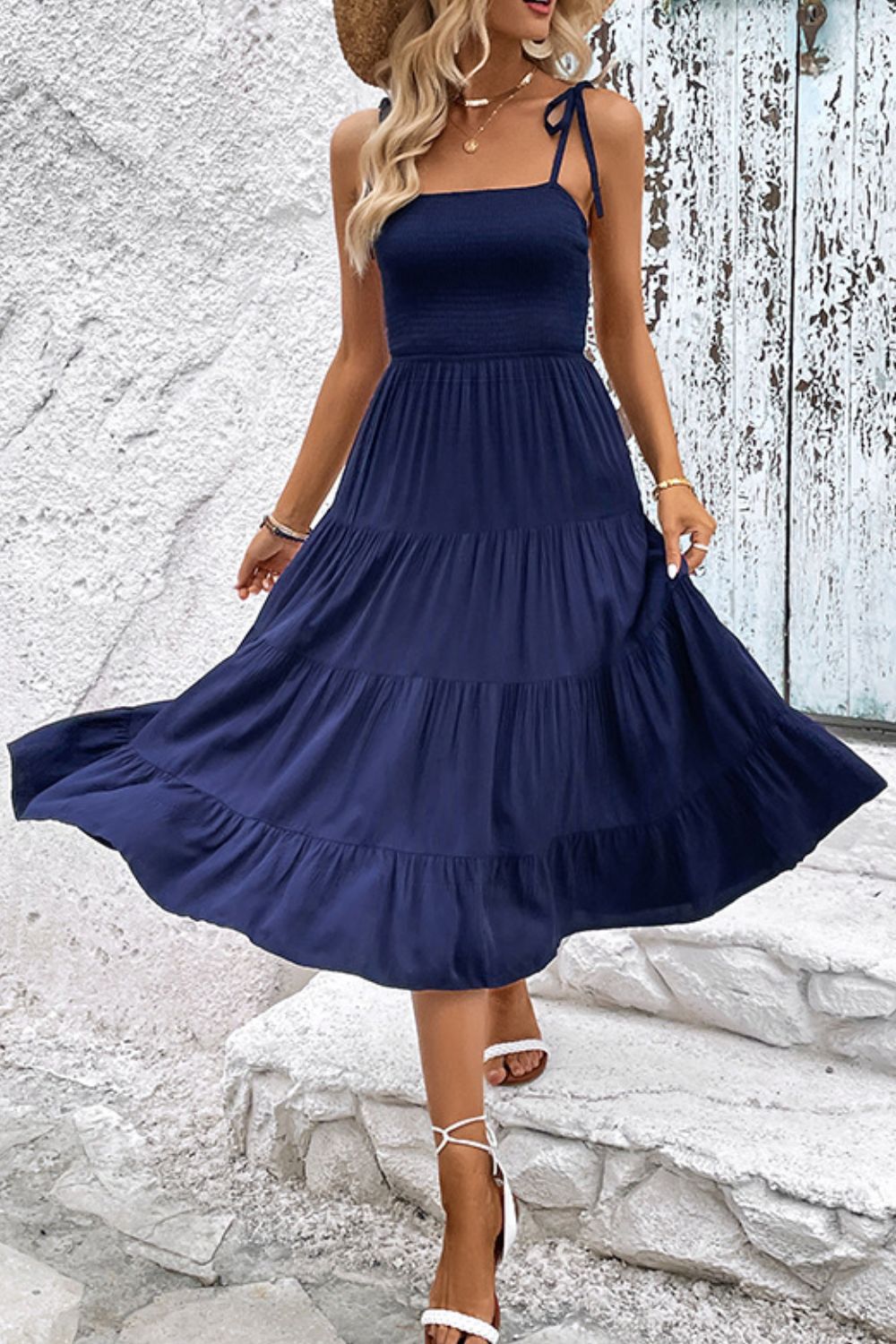 Women's Tie-Shoulder Tiered Midi Dress