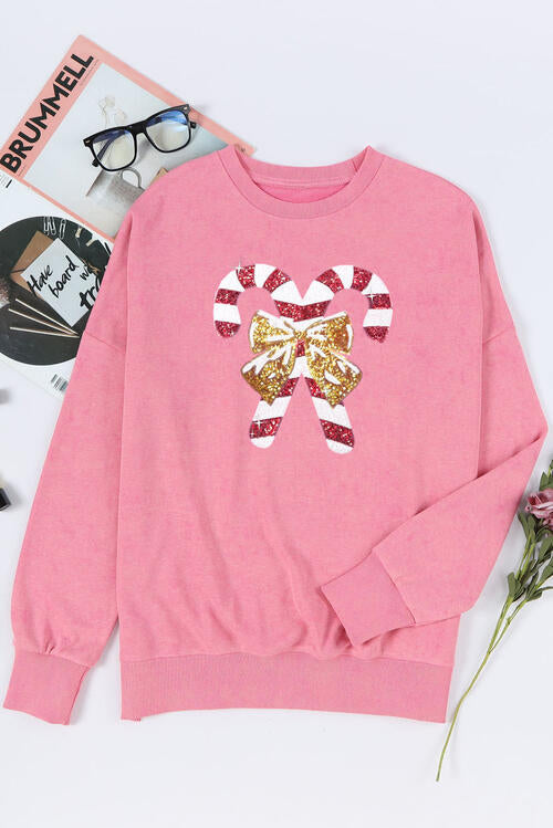 CHRISTMAS THEMED Sequin Candy Cane Round Neck Slit Sweatshirt