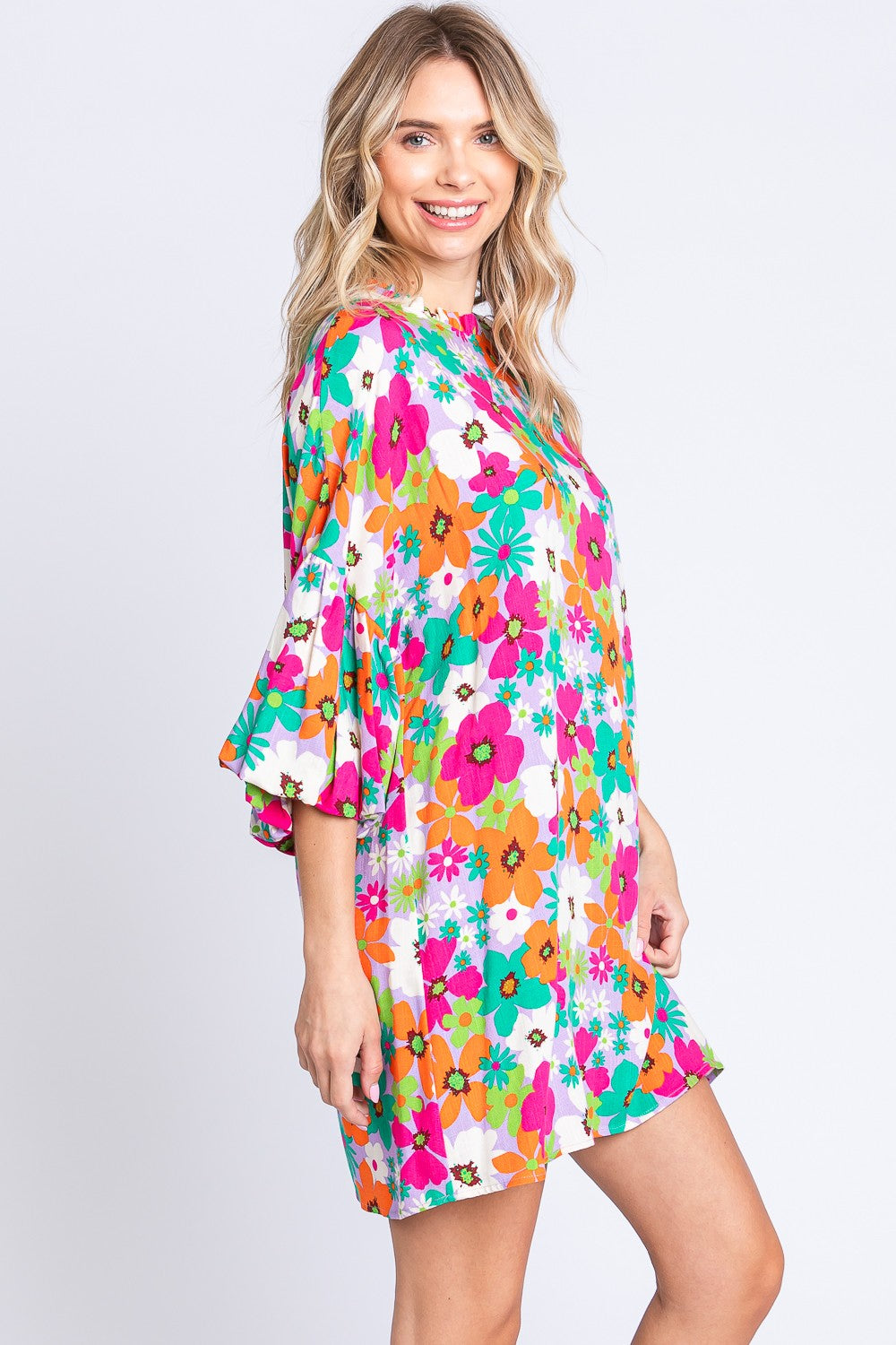 GeeGee Full Size Floral Round Neck Lantern Sleeve Mini Dress *