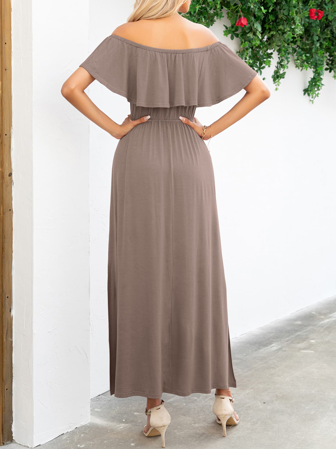 OCEANSIDE Full Size Off-Shoulder Slit Maxi Dress