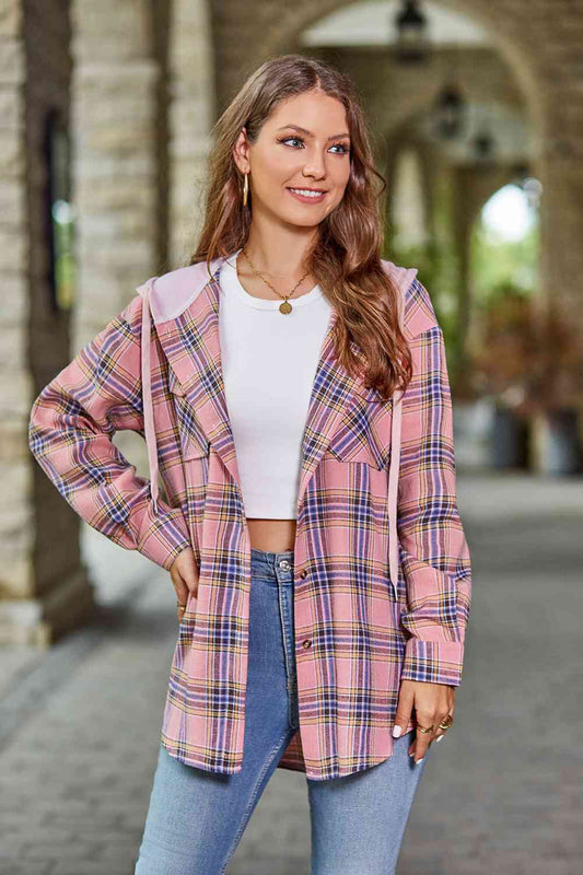 Full Size Plaid Long Sleeve Hooded Jacket