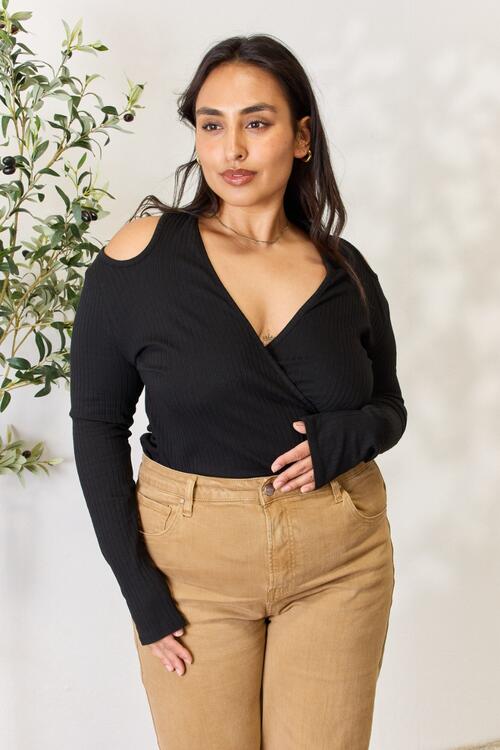 Culture Code Full Size Ribbed Surplice Cold Shoulder Top *