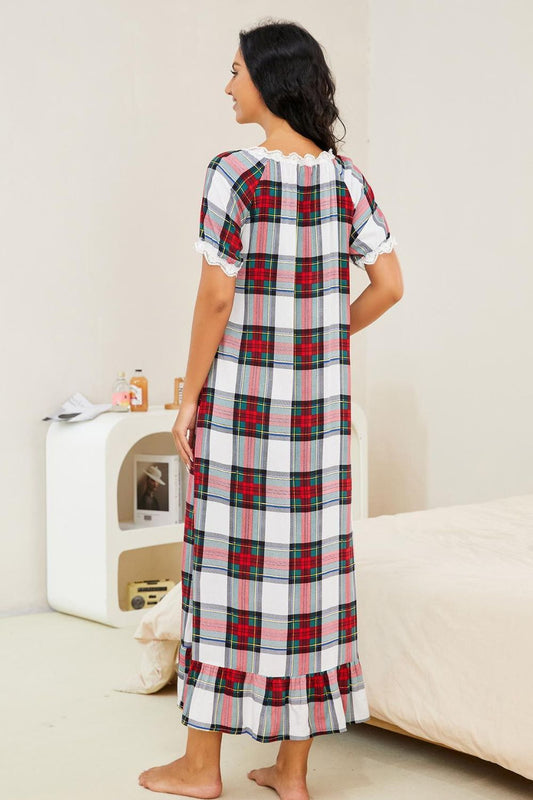 Full Size Plaid Lace Trim Ruffle Hem Night Dress