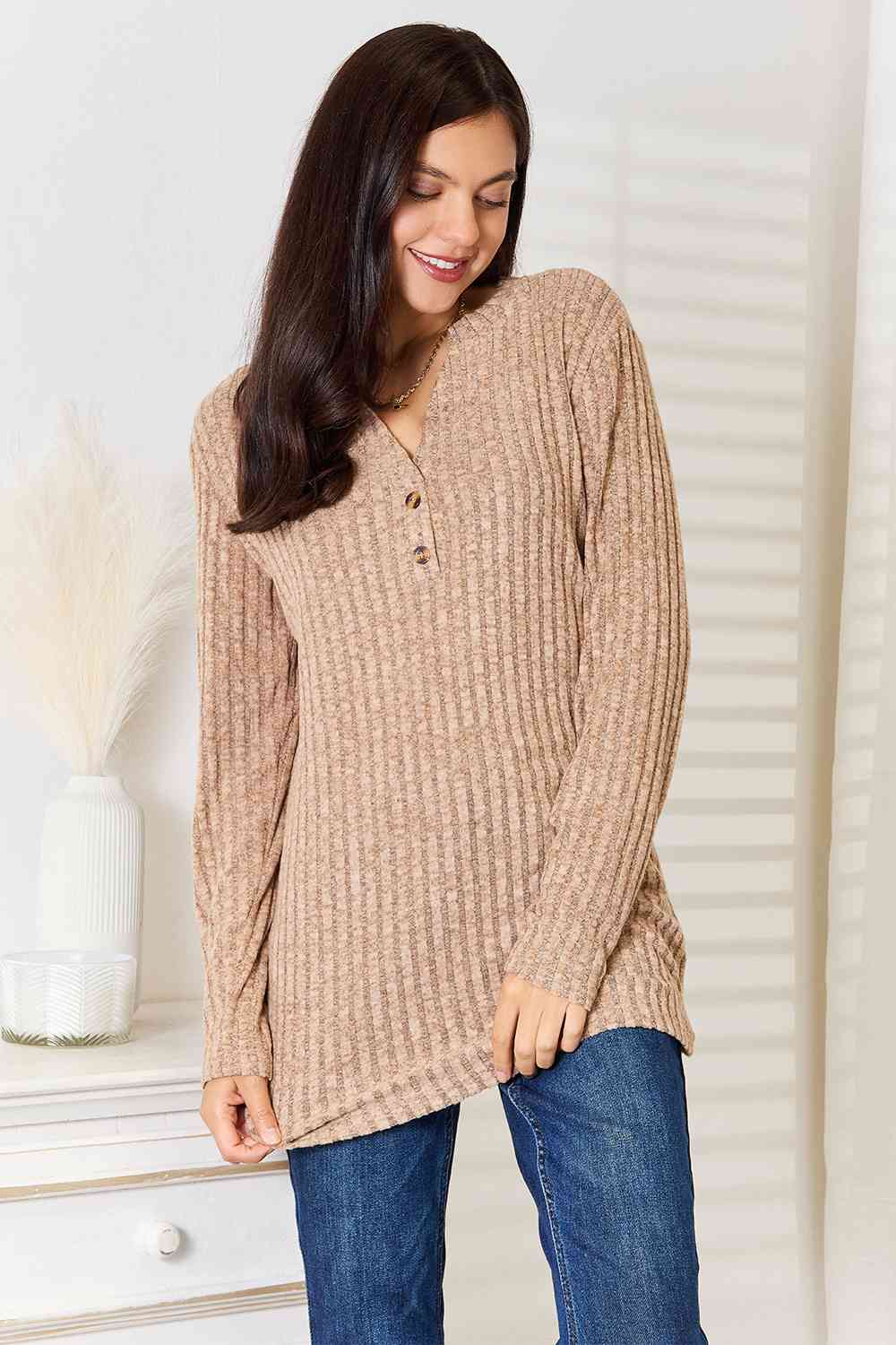 Double Take Notched Neck Ribbed Long Sleeve T-Shirt *