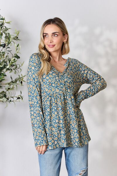 Heimish Full Size Floral Half Button Long Sleeve Blouse *