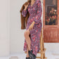 Purple Printed Long Sleeve Slit Midi Dress