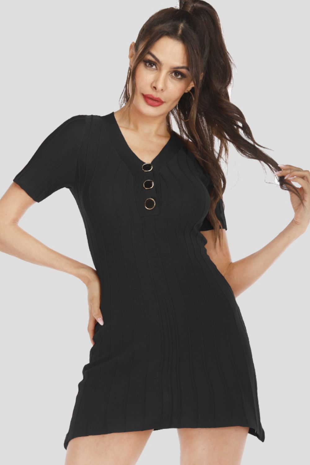 Women's Buttoned Short Sleeve V-Neck Knit Dress