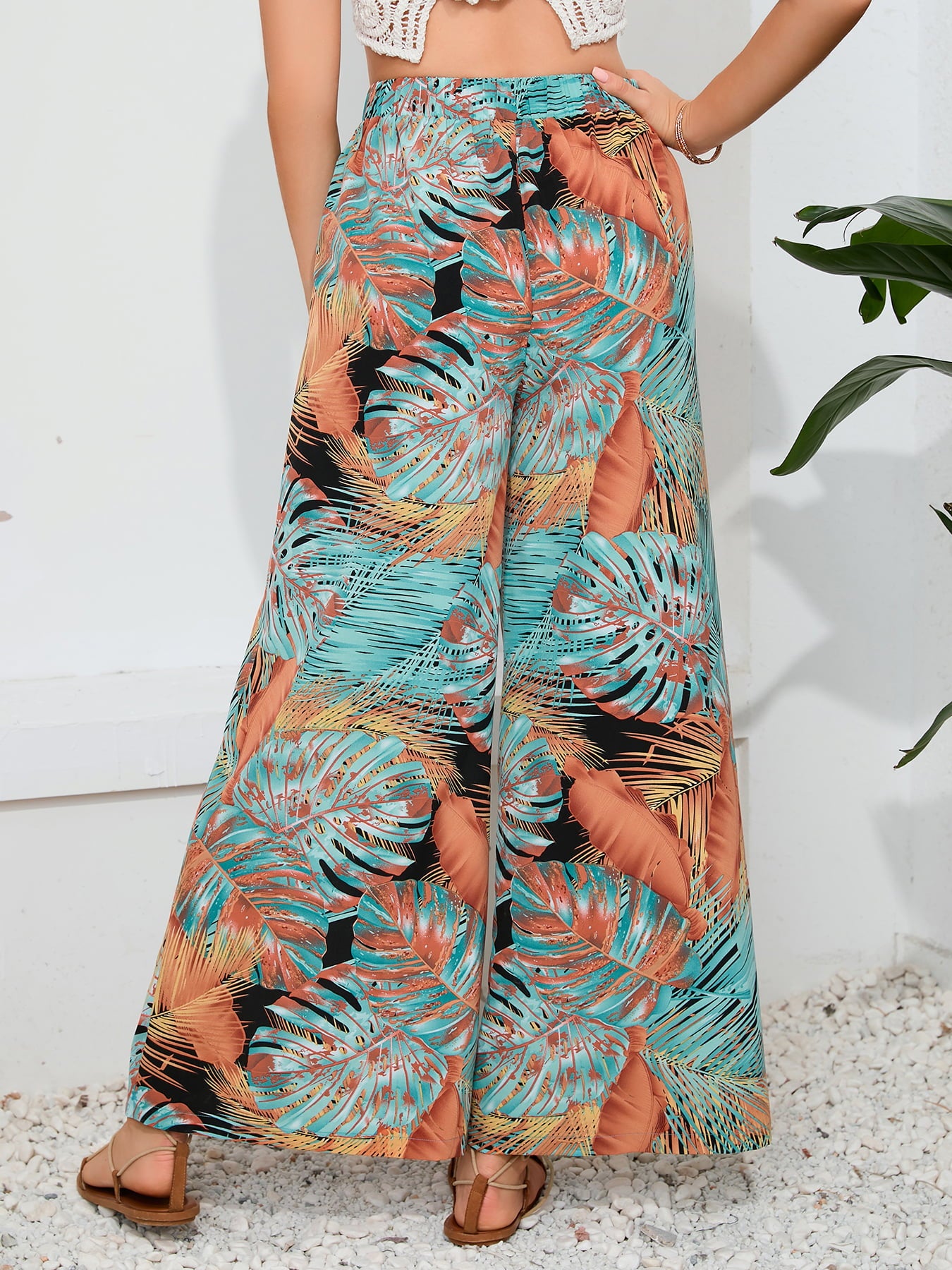 Full Size Printed Split Wide Leg Long Pants