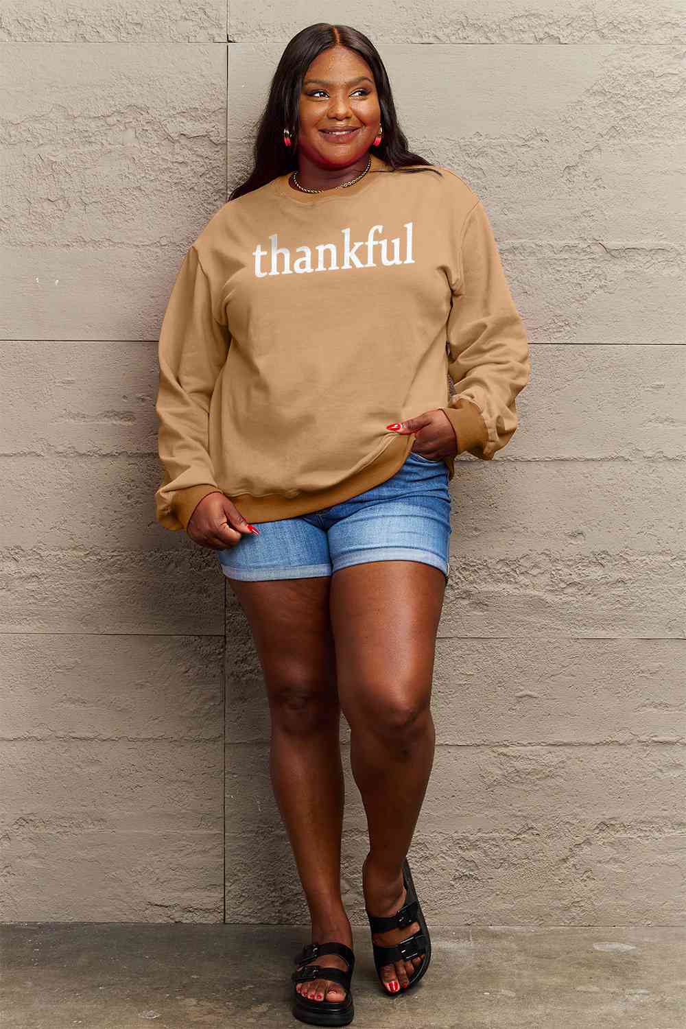 Simply Love Full Size Thanksgiving THANKFUL Graphic Sweatshirt