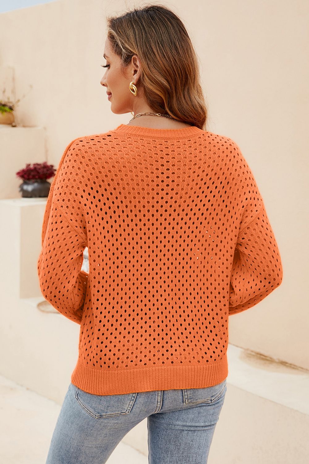 Beauteous Round Neck Openwork Dropped Shoulder Knit Top