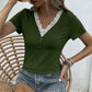 LAQUITETA Lace Trim V-Neck Short Sleeve Blouse