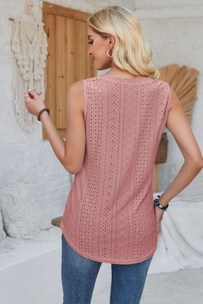 Eyelet Decorative Button V-Neck Tank