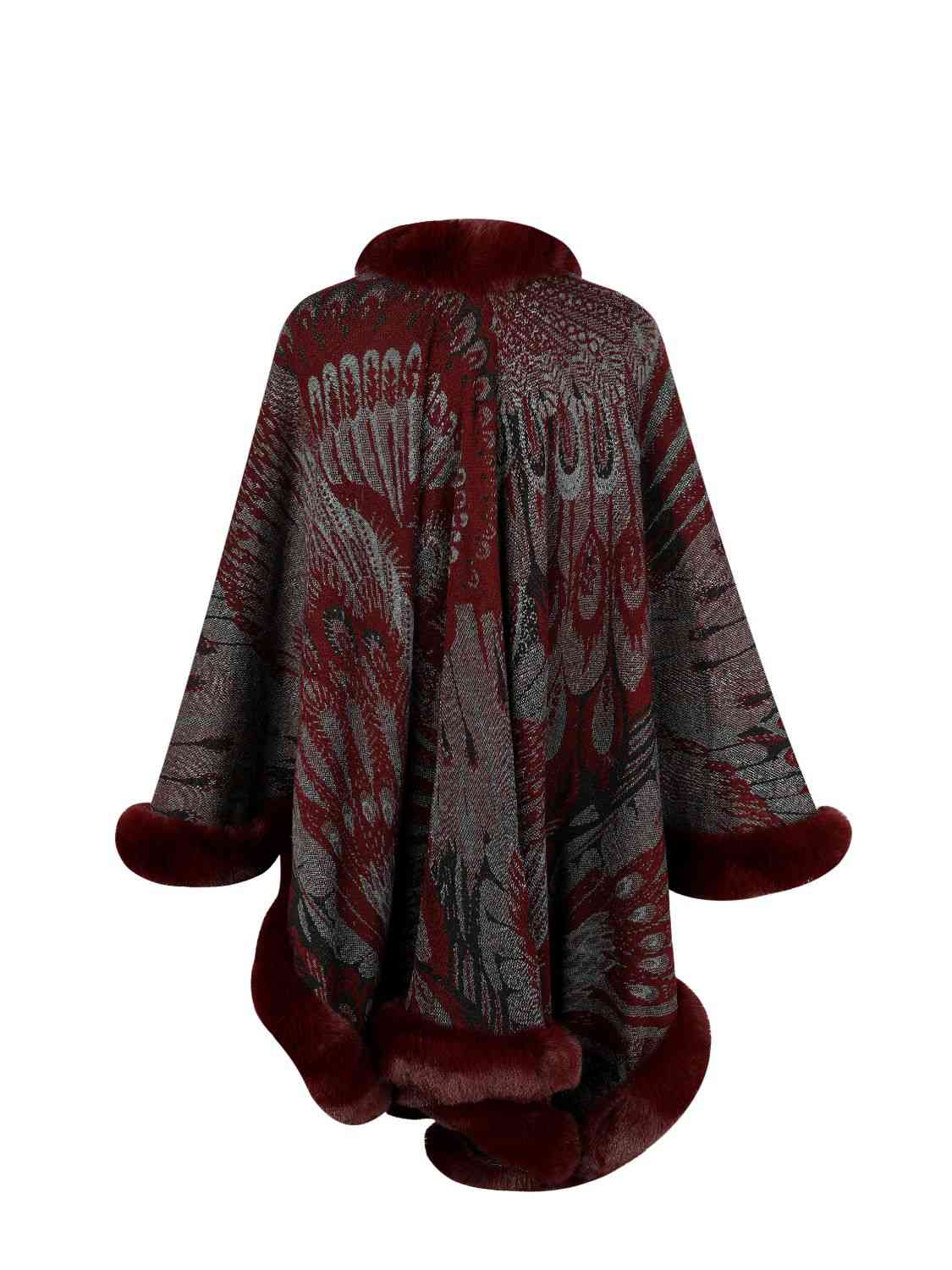 Beauty Devine Fur Trim One Size Printed Open Front Poncho