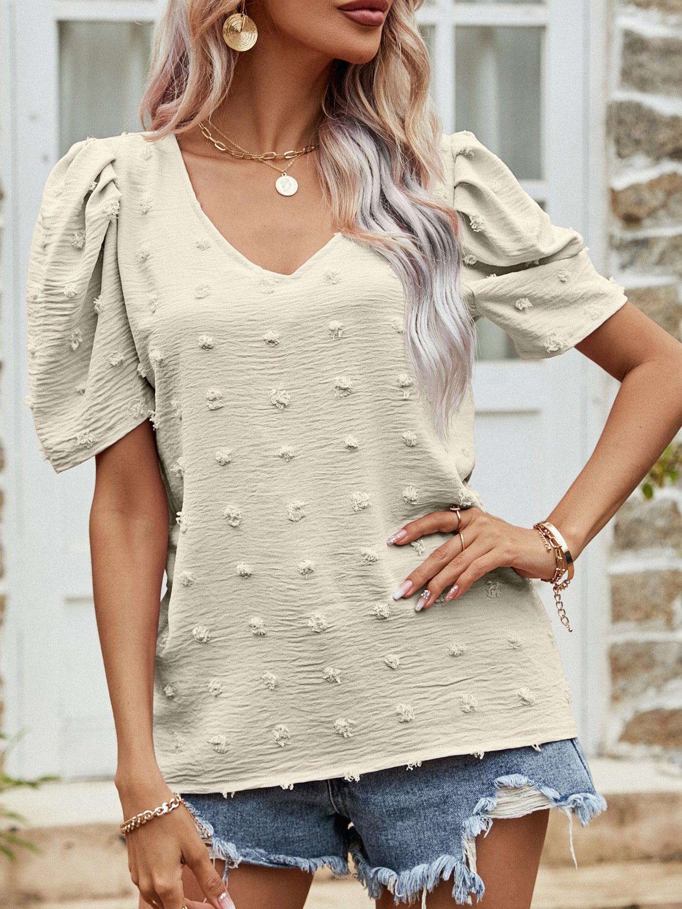 Women's Swiss Dot Short Puff Sleeve Top