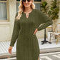 CozyWonders Full Size Notched Neck Cable-Knit Slit Sweater Dress