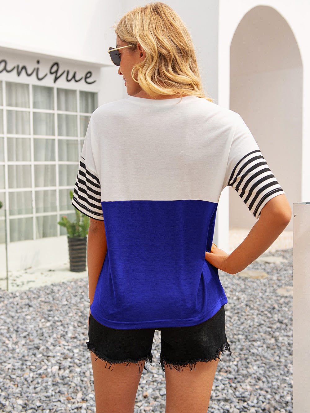 Women's Striped Color Block Round Neck Tee