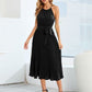 Pleated Spaghetti Strap Tie Waist Midi Dress