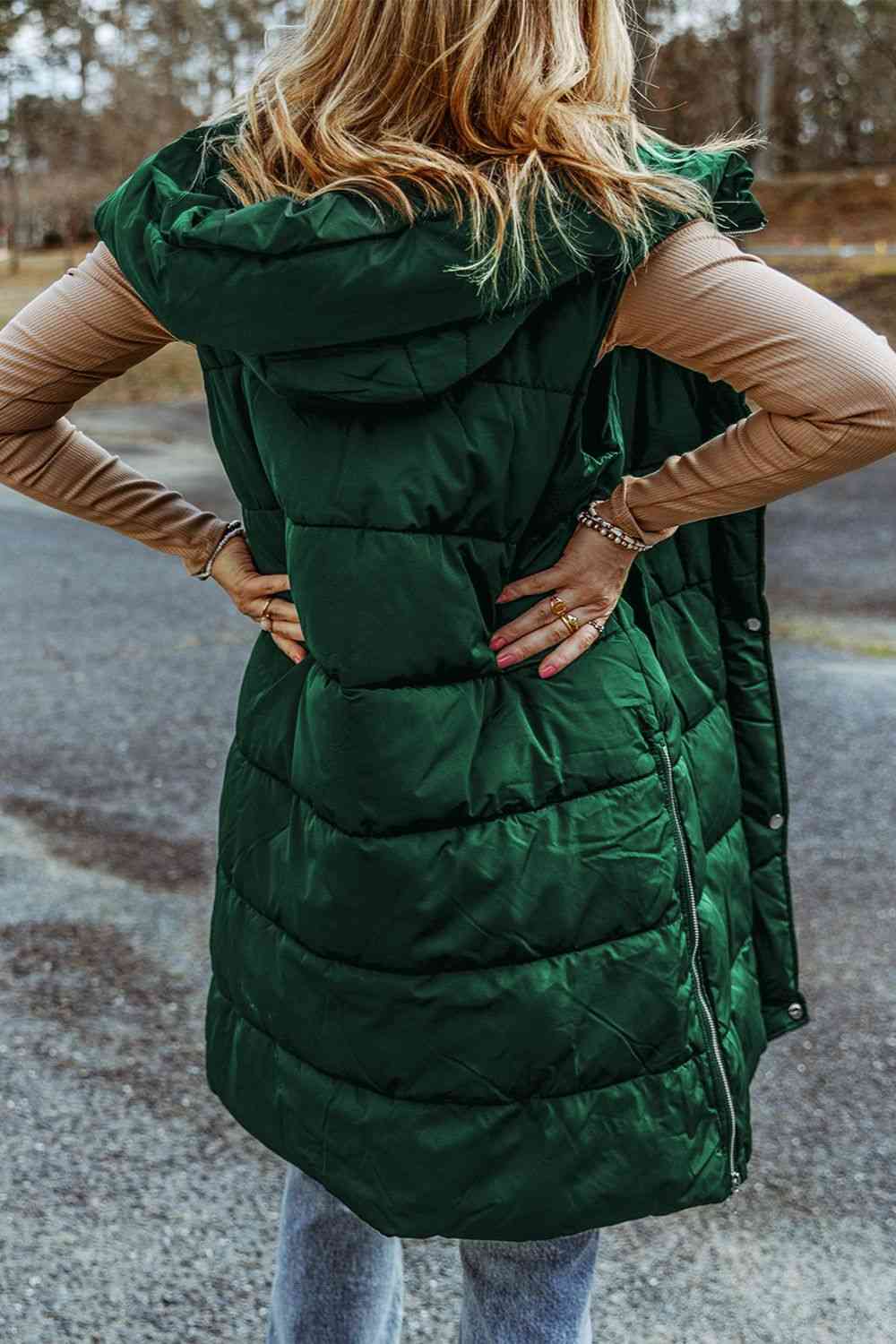 Full Size Longline Hooded Sleeveless Puffer Vest