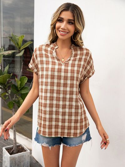 Plaid Notched Short Sleeve Blouse