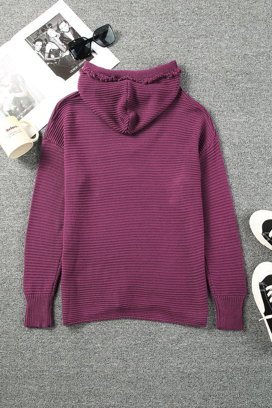 Full Size Red Horizontal Ribbing Fringe Trim Hooded Sweater