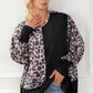 Leopard Round Neck Lantern Sleeve Slit Black Sweatshirt
