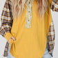 Plaid Notched Neck Slit Blouse