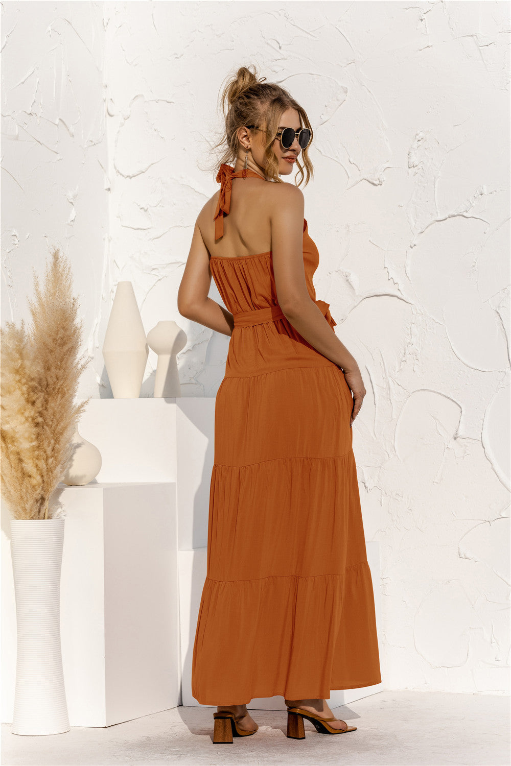 Women's Halter Neck Tie Waist Tiered Maxi Dress