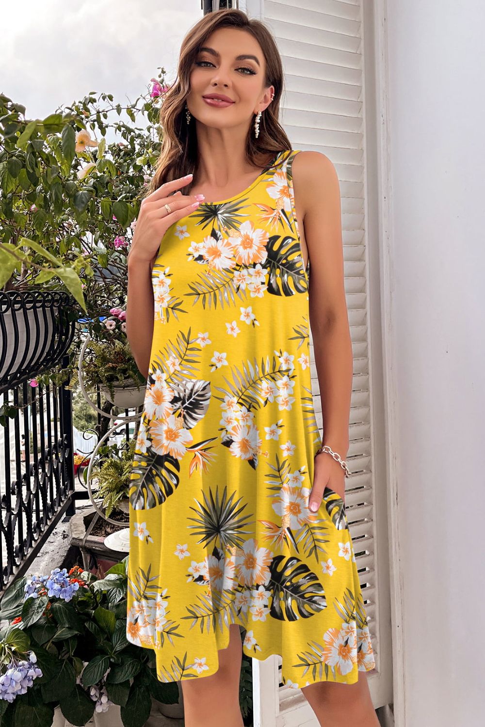 Full Size Printed Round Neck Sleeveless Dress