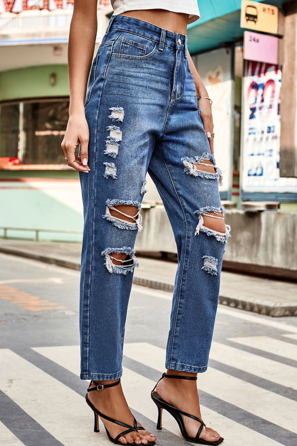 BeyondYou Distressed Buttoned Jeans with Pockets