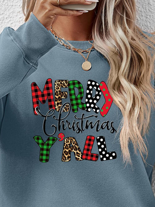 Merry Christmas Ya'll Letter Graphic Round Neck Long Sleeve Sweatshirt