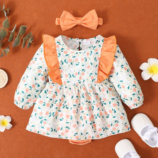 LITTLE GIRLS Floral Orange Bodysuit Dress with Headband SZ 0M-18M