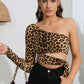 Selena Leopard Cutout One-Shoulder Cropped Top