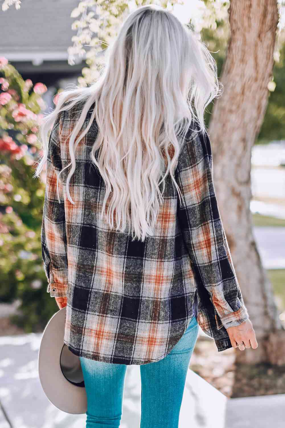 Double Take Black Plaid Side Slit Curved Hem Shirt