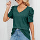 Heathered V-Neck Puff Sleeve T-Shirt